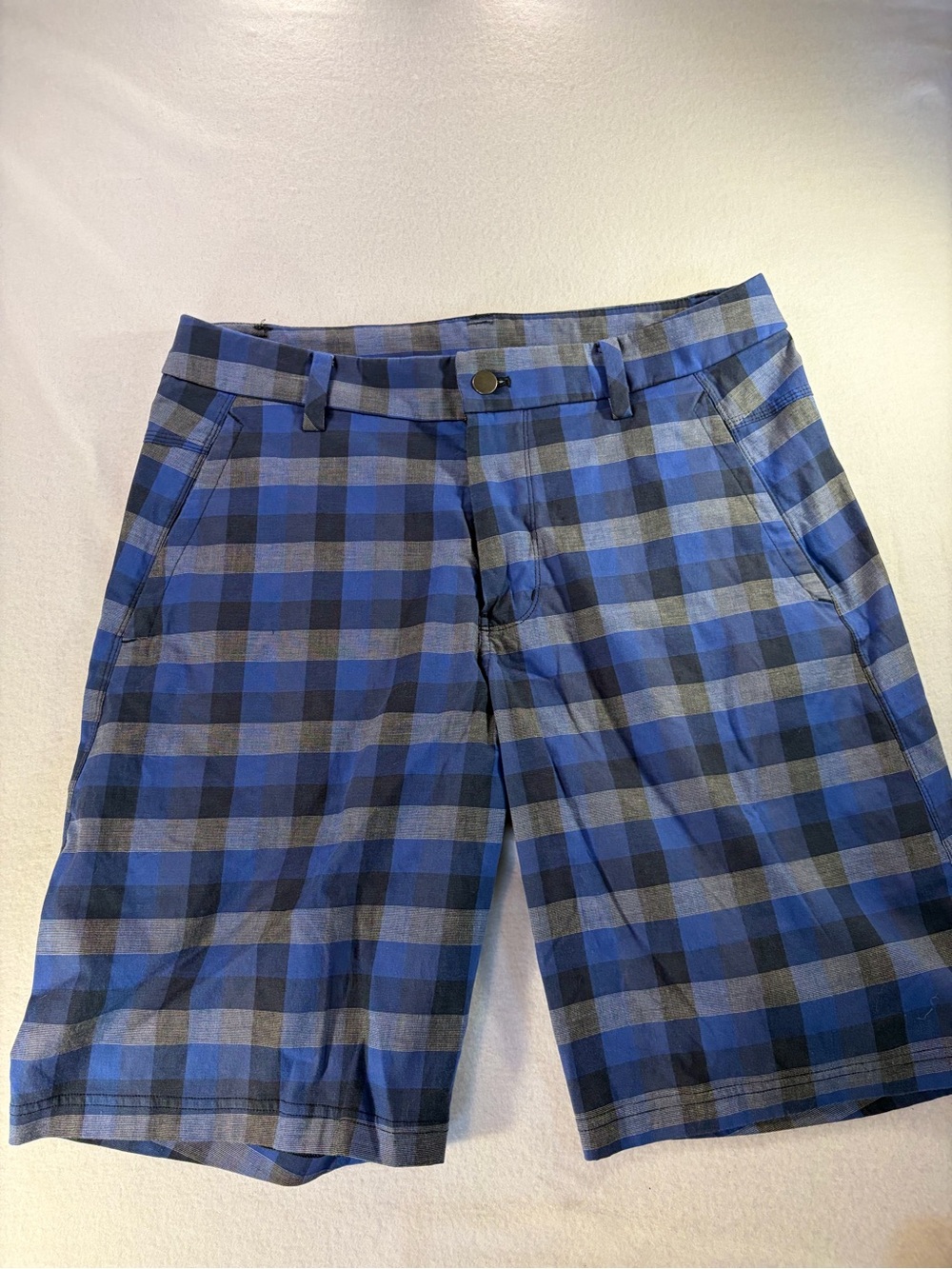 lululemon athletica Blue and Gray Plaid Flat-Front Shorts